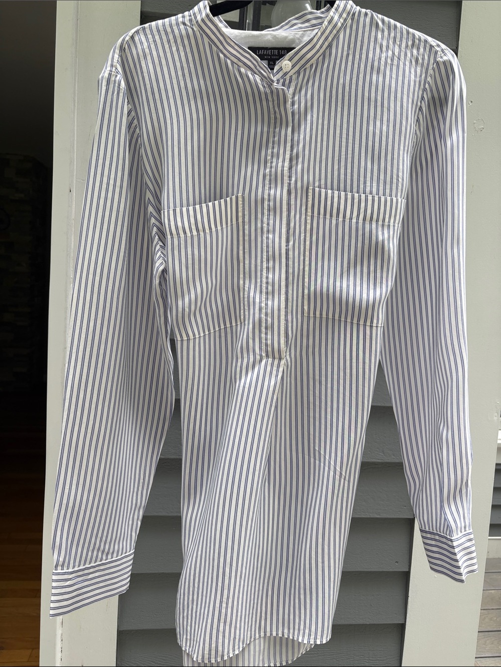 Lafayette 148 New York Blue & White Vertical Stripe Band-Collar silk tunic